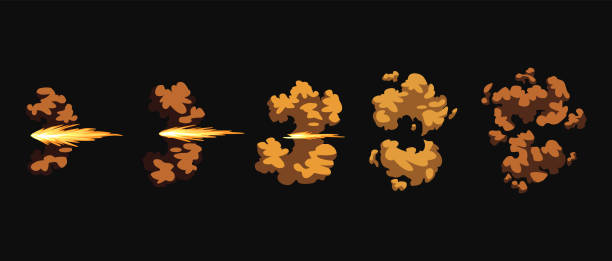 istock Gun flashes or gunshot animation. Cartoon flash effect of bullet start. Shotgun fire, muzzle flash and explode. Flashes with smoke and fire sparkles 1331579194