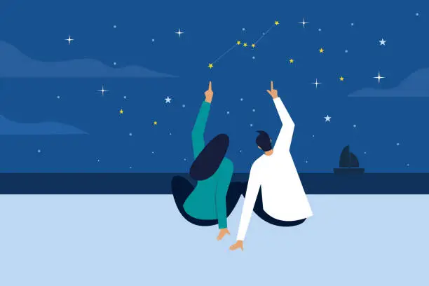 Vector illustration of Man and a woman watching stars in a beach at night