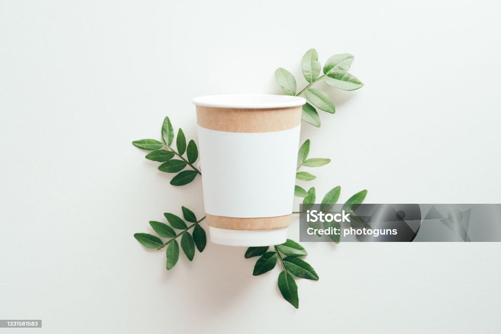 Disposable paper coffee cup mockup with green leaves on white background. Eco-friendly container for hot drinks. Disposable Cup Stock Photo