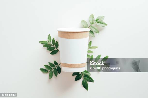 Disposable Paper Coffee Cup Mockup With Green Leaves On White Background Ecofriendly Container For Hot Drinks Stock Photo - Download Image Now