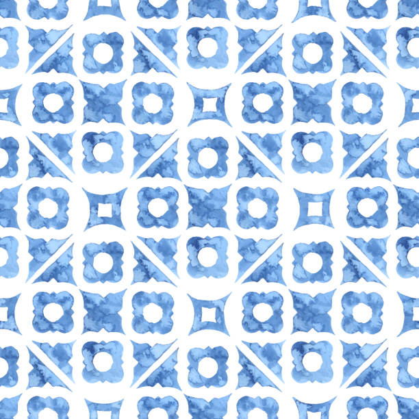 Seamless moroccan pattern. seamless moroccan pattern, square vintage tile, blue and white watercolor ornament painted with paint on paper, handmade, print for textiles mediterranean culture stock illustrations