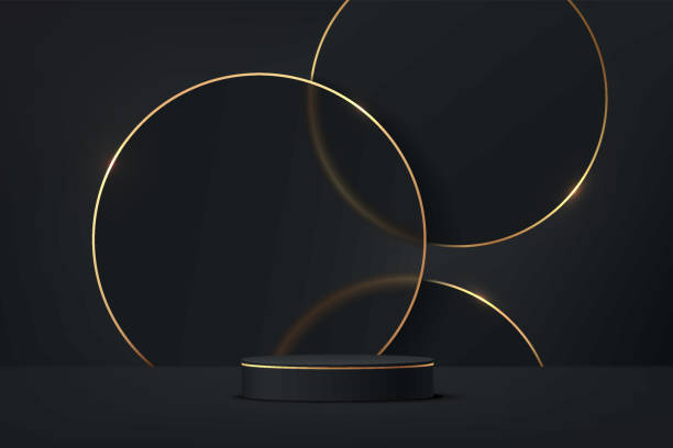 Abstract 3D black cylinder pedestal podium and glass black circle with gold border overlap layers backdrop. Luxury dark minimal scene for product display presentation. Vector rendering platform design Abstract 3D black cylinder pedestal podium and glass black circle with gold border overlap layers backdrop. Luxury dark minimal scene for product display presentation. Vector rendering platform design glass showroom stock illustrations