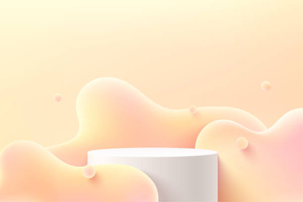 istock Abstract 3D white cylinder pedestal or stand podium with yellow, pink color fluid liquid backdrop. Pastel yellow minimal wall scene for product display presentation. Vector rendering platform design. 1331583517