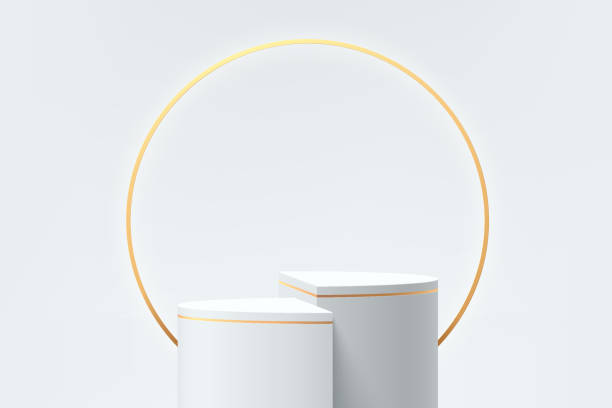 istock Abstract 3D white and gray half cylinder pedestal or stand podium and golden ring backdrop. Luxury white minimal wall scene for product display presentation. Vector rendering platform design. 1331583779
