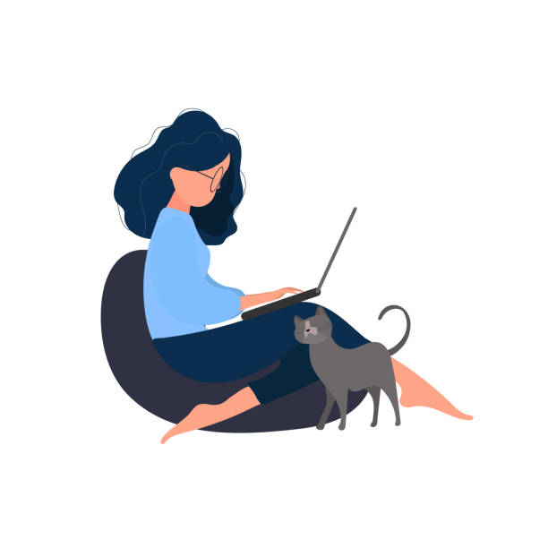 ilustrações, clipart, desenhos animados e ícones de a garota senta em um otomano e trabalha em um laptop. uma mulher com um laptop senta-se em um grande pouf. o gato esfrega na perna da garota. vetor. - domestic cat computer laptop kitten