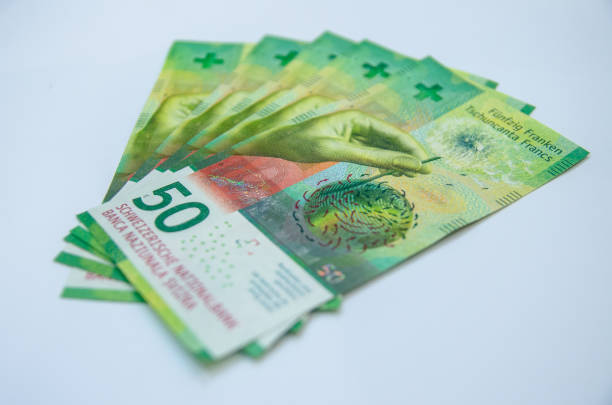 Swiss franc, Switzerland currency, money exchange for CHF domination note. stock photo