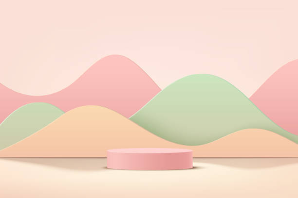 ilustraciones, imágenes clip art, dibujos animados e iconos de stock de podio de pedestal de cilindro rosa 3d abstracto con capas onduladas curvas pastel de fondo. escena de pared mínima de color rosa claro para la presentación de la pantalla del producto. diseño moderno de plataformas geométricas de representación vector - rosa color