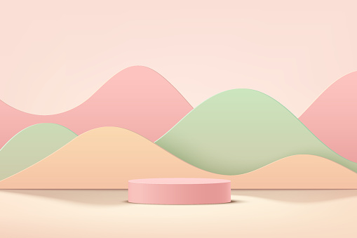 Abstract 3D pink cylinder pedestal podium with pastel curve wavy layers backdrop. Light pink minimal wall scene for product display presentation. Modern vector rendering geometric platform design.