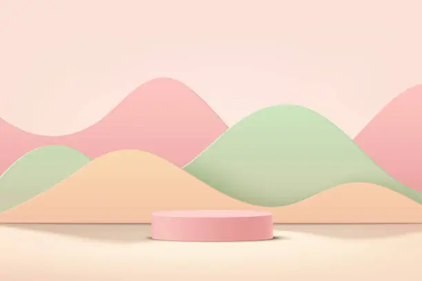 Vector illustration of Abstract 3D pink cylinder pedestal podium with pastel curve wavy layers backdrop. Light pink minimal wall scene for product display presentation. Modern vector rendering geometric platform design.