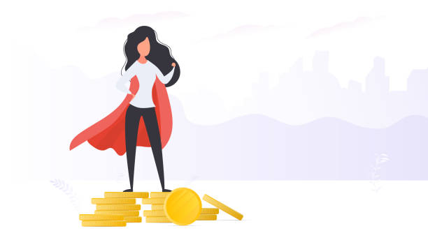 ilustrações, clipart, desenhos animados e ícones de uma garota com um manto vermelho está em uma montanha de moedas de ouro. mulher super-heroína. vetor. - superhero currency heroes savings