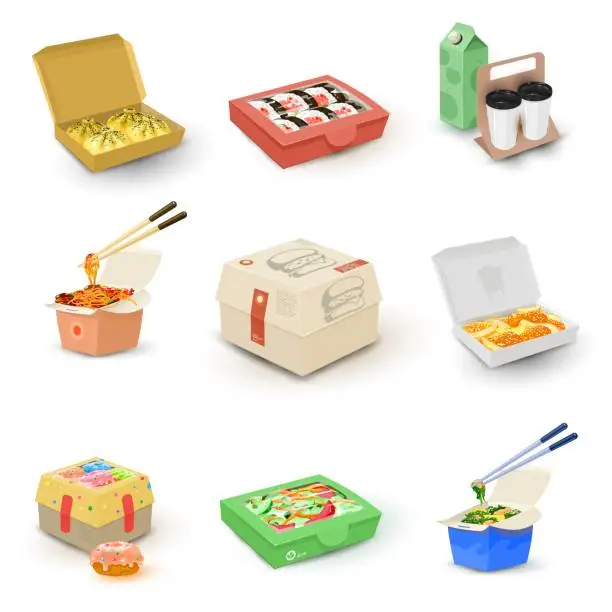 Vector illustration of Set of packed food boxes