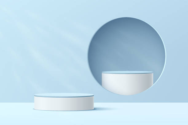 istock Abstract 3D white cylinder pedestal podium with blue podium in hole on the wall. Pastel blue minimal scene with lighting for product display presentation. Vector geometric rendering platform design. 1331586612