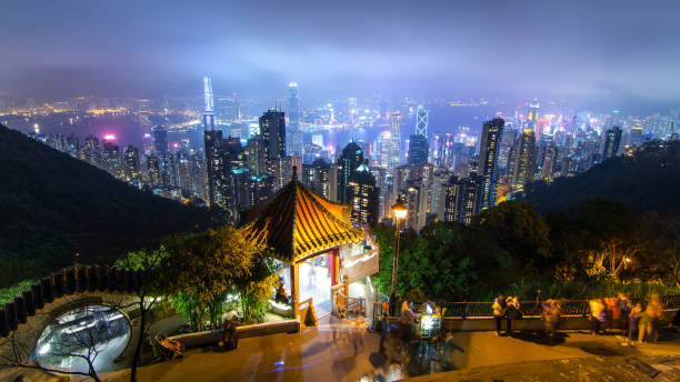 Hongkong City in night time at top view. stock photo