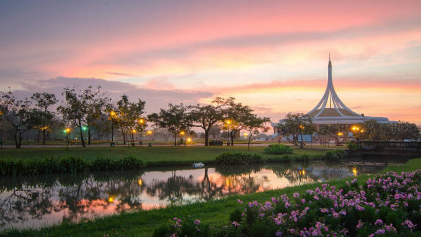 Big nation park name Suan Luang Rama IX with beautiful sunset, Bangkok, Thailand. stock photo