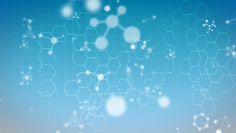 Digital animation of molecular structures floating against hexagonal shapes on blue background