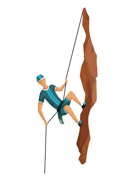 등산. 전문 장비와 암석 산에 등반 하는 남자. 볼더링 스포츠. 흰색 배경에 격리 된 게임 장면 - men on top of climbing mountain stock illustrations