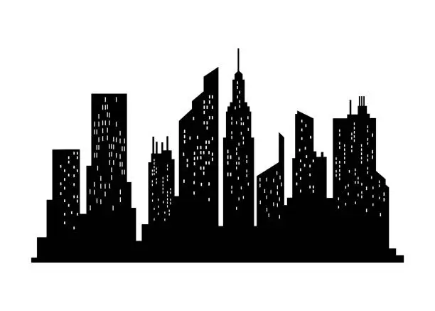 Vector illustration of Cityscape silhouette. City building, night town and horizontal urban panorama silhouette. Modern urban landscape. Monochrome panoramic view