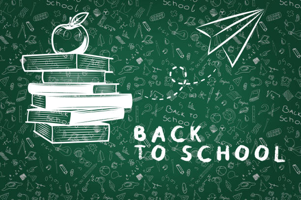 banner der schulbehörde - back to school equipment capital letter clock stock-fotos und bilder