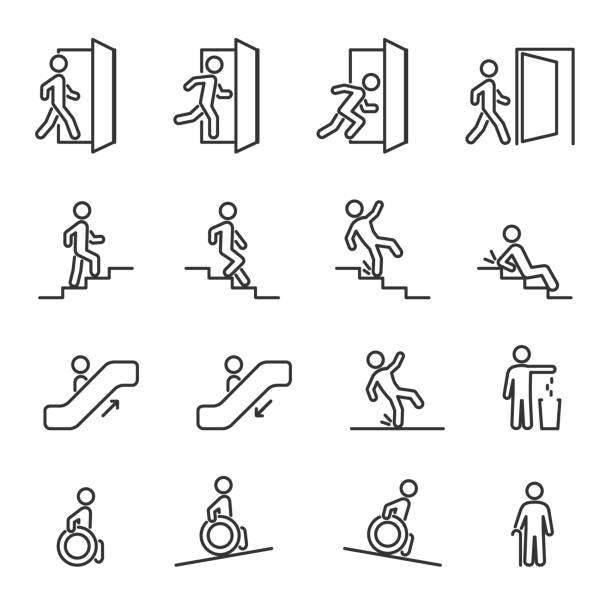 illustrazioni stock, clip art, cartoni animati e icone di tendenza di set vettoriale di icone delle linee di spostamento delle persone. - accessibility sign disabled sign symbol