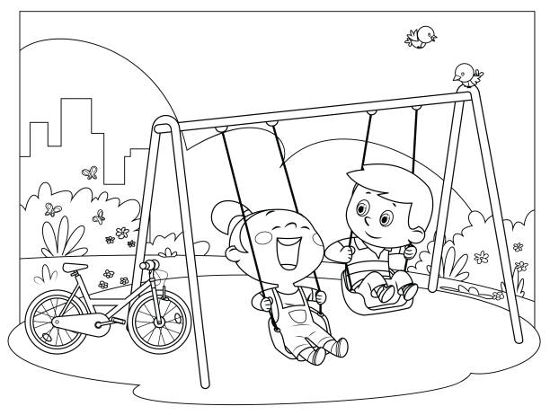 ilustraciones, imágenes clip art, dibujos animados e iconos de stock de blanco y negro, niños felices balanceándose en columpios - child swing swinging spring