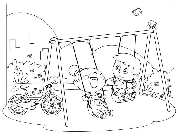 Vector illustration of Black And White, Happy kids swinging on swings