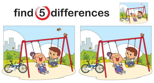 Vector illustration of Find differences, Happy kids swinging on swings