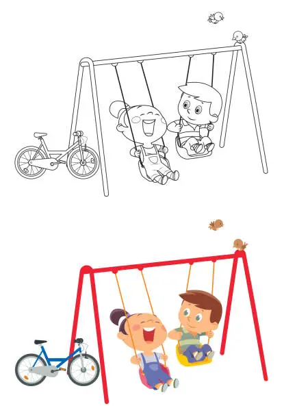 Vector illustration of Kids are swinging on swings