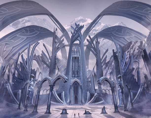 istock mix media digital 3d illustration environment design concept of fantasy fictional architecture building of Celtic Nordic barbarian church temple 1331593492