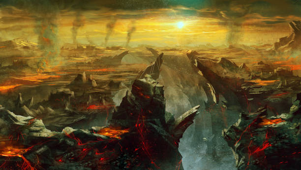 istock digital illustration of fantasy environment background in hell with larva 1331593537