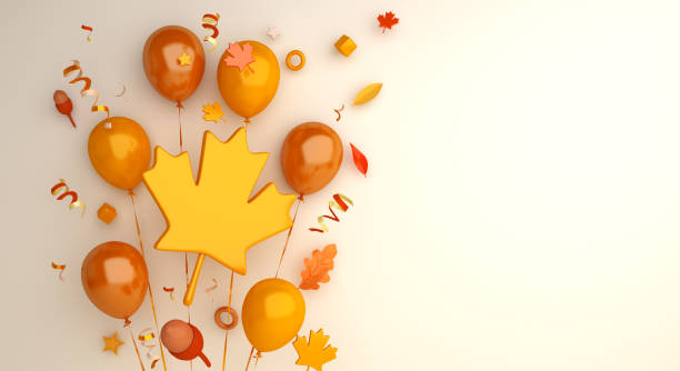 Autumn background with maple leaves balloon acorn, copy space text, 3D rendering illustration