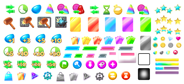 mobile video game icon assets in fruits and candy style with colorful title art fruit crush tropical crush