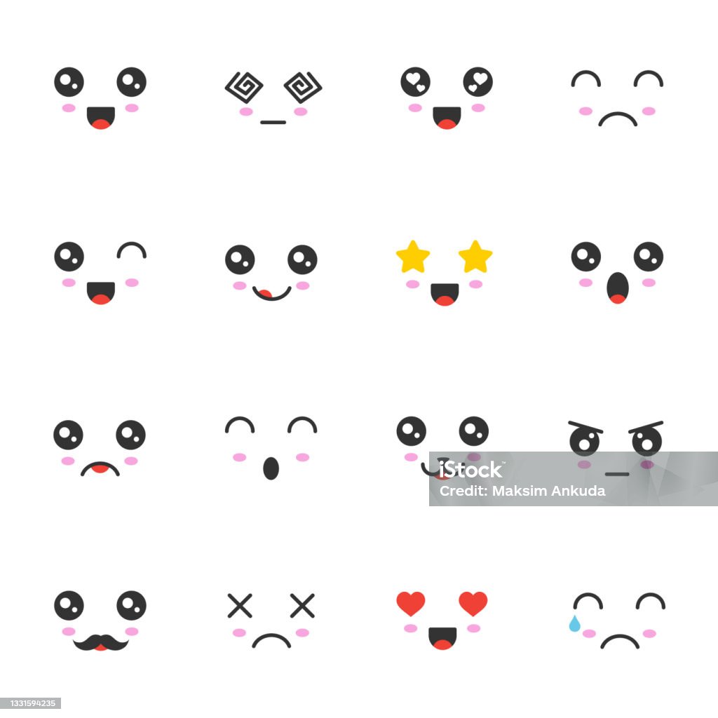 Vector Set Of Cute Faces Kawaiicute Emoticon Icons Stock Illustration ...
