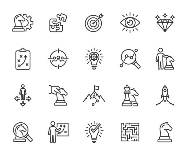 ilustrações de stock, clip art, desenhos animados e ícones de vector set of business strategy line icons. contains icons tactic, plan, target audience, research, problem, path, direction and more. pixel perfect. - maze solution business plan