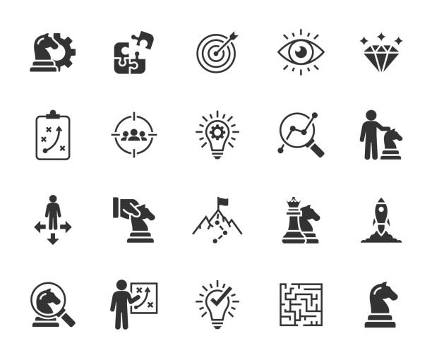 wektorowy zestaw płaskich ikon strategii biznesowej. zawiera ikony taktyka, plan, grupa docelowa, badania, problem, ścieżka, kierunek i więcej. piksel idealny. - strategy stock illustrations