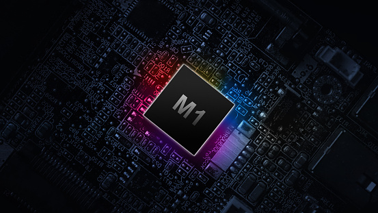 M1 processor chip. Digital computer processor, network motherboard chip on dark technology background. Modern technologies concept.