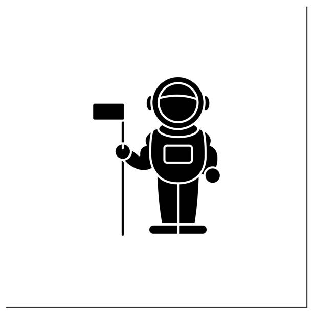 Astronaut glyph icon Astronaut glyph icon. Spaceman keeps flag. Visit note. Planet research. Mars landing concept. Filled flat sign. Isolated silhouette vector illustration astronaut silhouettes stock illustrations