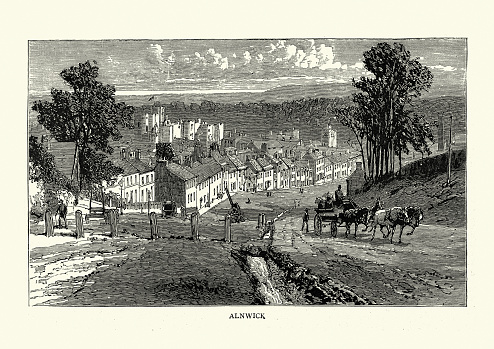 Vintage illustration Alnwick a market town in Northumberland, England, 1888, 19th Century