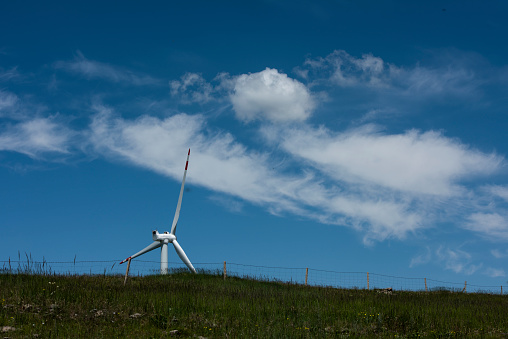 Wind power equipment on the grassland and white clouds in the sky.