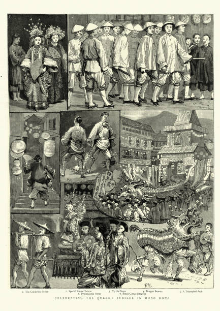 ilustrações de stock, clip art, desenhos animados e ícones de chinese dragon procession, traditional costumes, hong kong, 19th century - dragon chinese dragon china chinese ethnicity