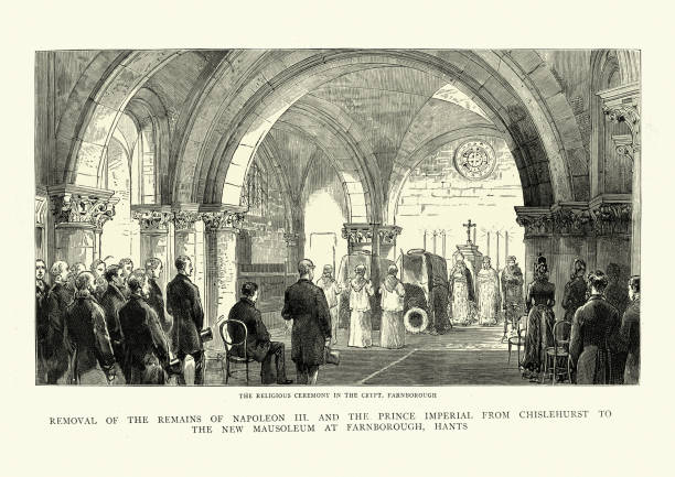 ilustraciones, imágenes clip art, dibujos animados e iconos de stock de reinhumación de napoleón iii y el príncipe imperial en el mausoleo de farnborough, 1888, siglo 19 - crypt