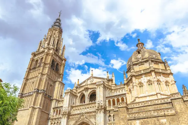 Detail of the tower and dome of the medieval cathedral of Toledo in Spain. Santa Iglesia Catedral Primada de Toledo.