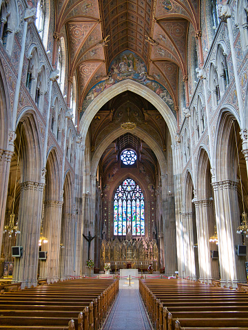The interior of St Patrick's Roman Catholic Cathedral in Armagh - taken on a sunny day with blue sky and white clouds