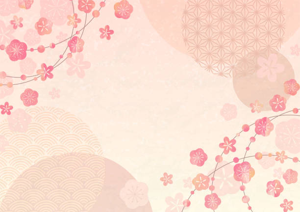 Japanese background with plum and traditional pattern Japanese background with plum and traditional pattern japanese culture stock illustrations