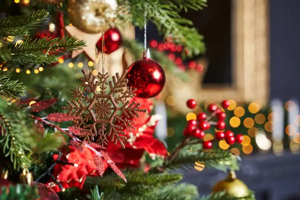 Photo of golden snowflake and red balls on christmas tree close up