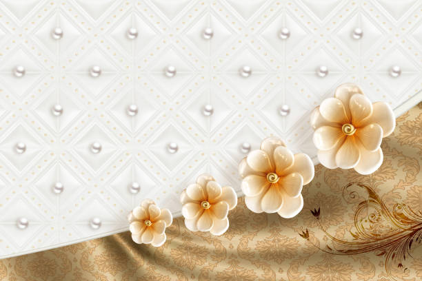 3d illustration wallpaper . decorative brown shape and flowers in classic background .