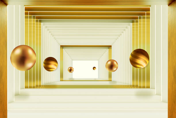 istock 3d wooden mural wallpaper . illustration background corridor with golden sphere . empty light hall background Graphical modern art 1331612895