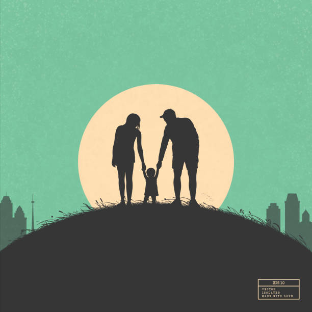 Family walk Father, mother and child isolated silhouette in city park family silhouettes stock illustrations