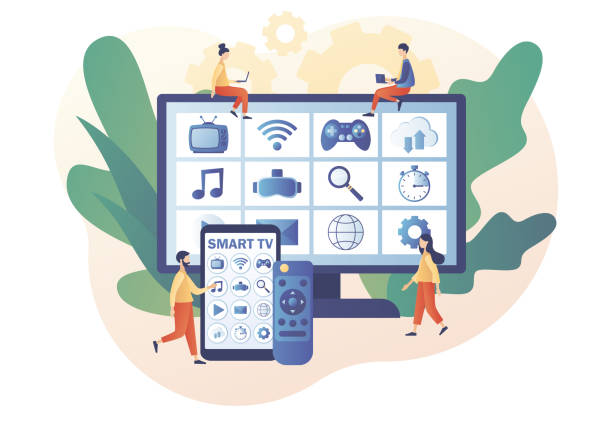 istock Smart TV, remote controland and menu in smartphone app. Modern television technology.Tiny people watch video, content, applications on multimedia box tv. Modern flat cartoon style. Vector illustration 1331615165