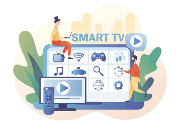 Vector illustration of Tiny people watch menu Smart TV on laptop. Video, content, applications on multimedia box tv. Modern television technology. Modern flat cartoon style. Vector illustration on white background