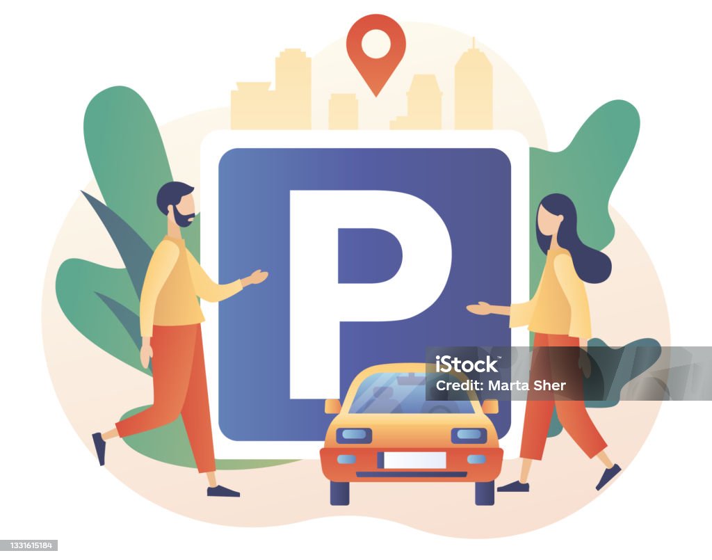 Parking Big Road Sign Tiny People Looking For Parking Space Park Automobile  Public Carpark In Big City Urban Transport Modern Flat Cartoon Style Vector  Illustration On White Background Stock Illustration - Download
